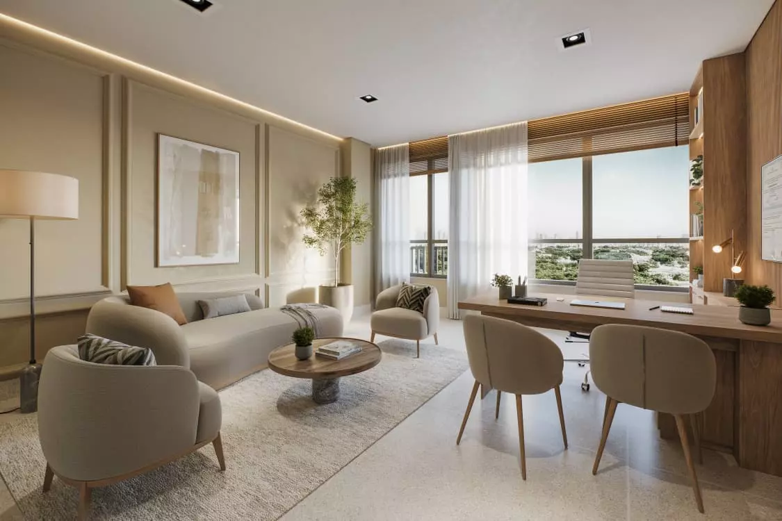 Sala de atendimento — sugestão de interiores, perspectiva artística