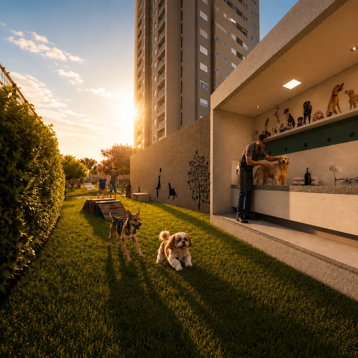 Pet Place e Pet Shower — perspectiva ilustrativa