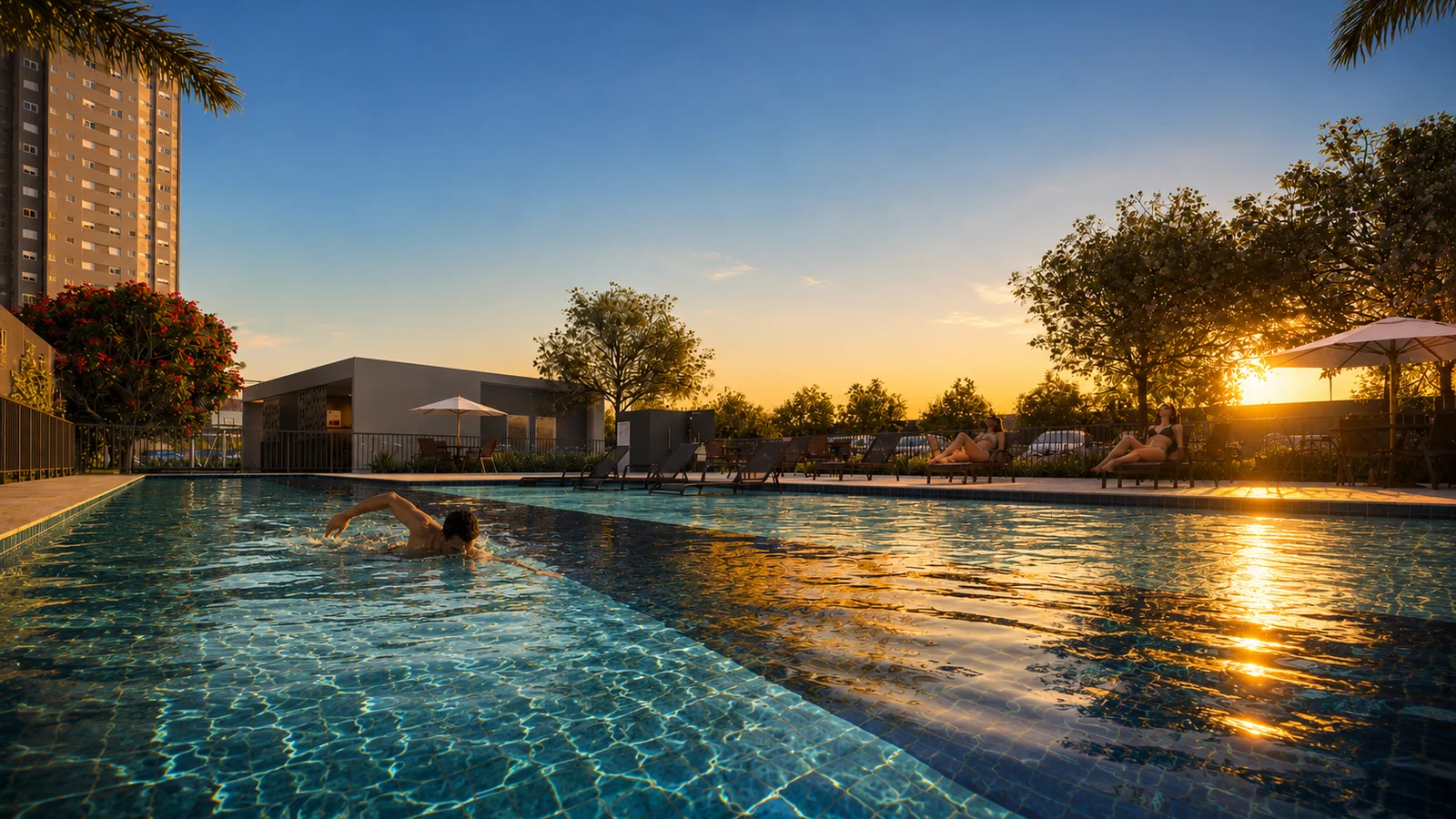 Piscinas e solarium — perspectiva ilustrativa