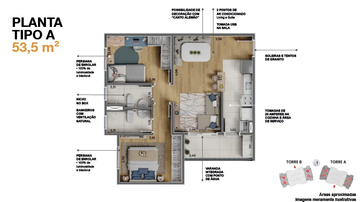 Planta do apartamento tipo A, com 53,5 metros quadrados
