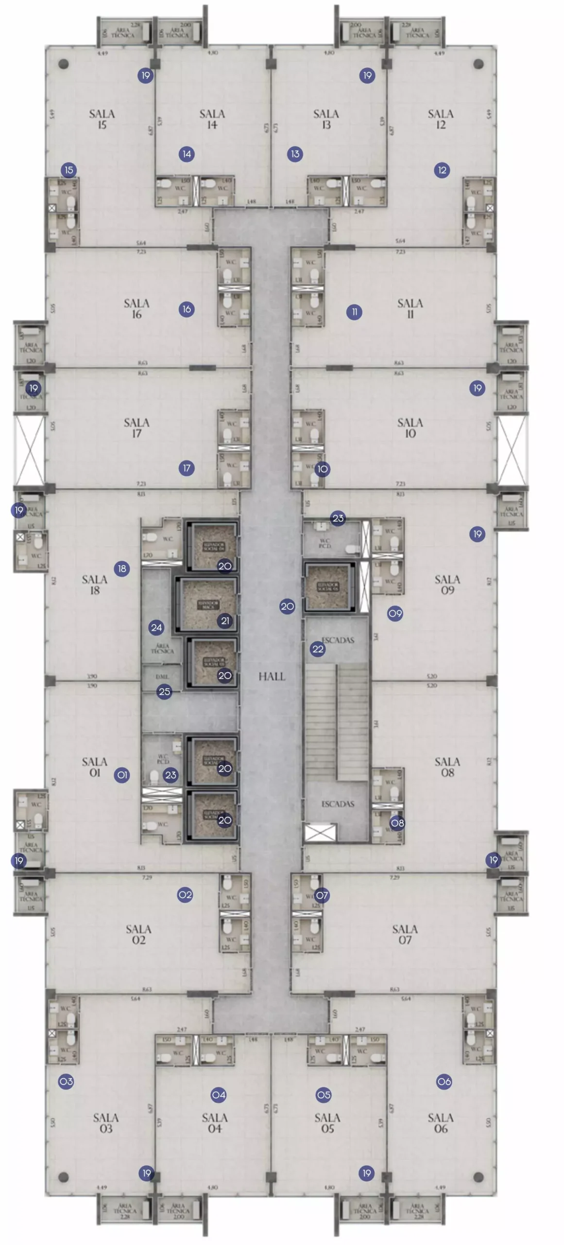 Planta humanizada do pavimento tipo com 18 salas