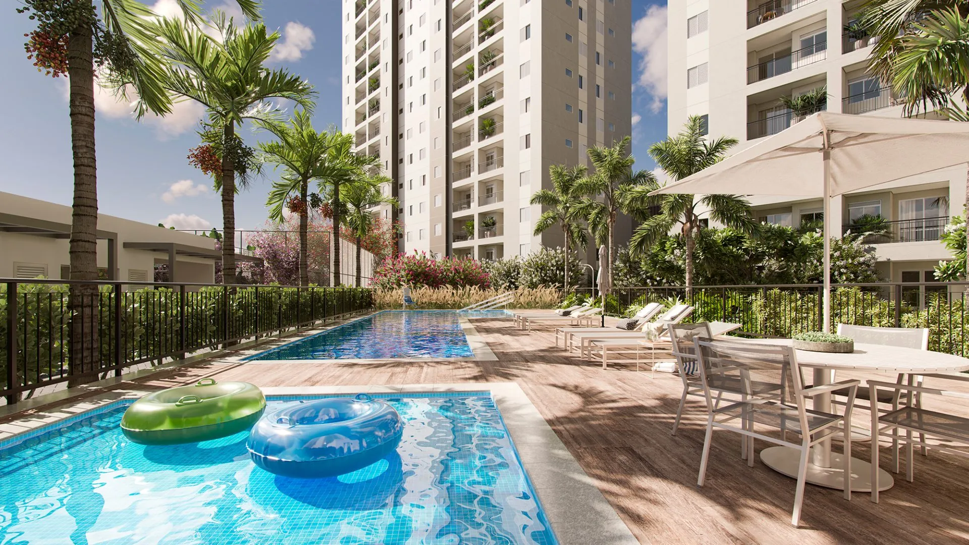 Perspectiva ilustrada das piscinas do Village Residencial