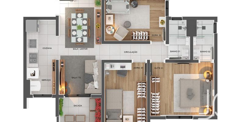Planta de 3 dorm. 1 suíte